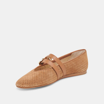 Baylee Wide Pecan Perforated Suede Ballet Flats - Dolce Vita